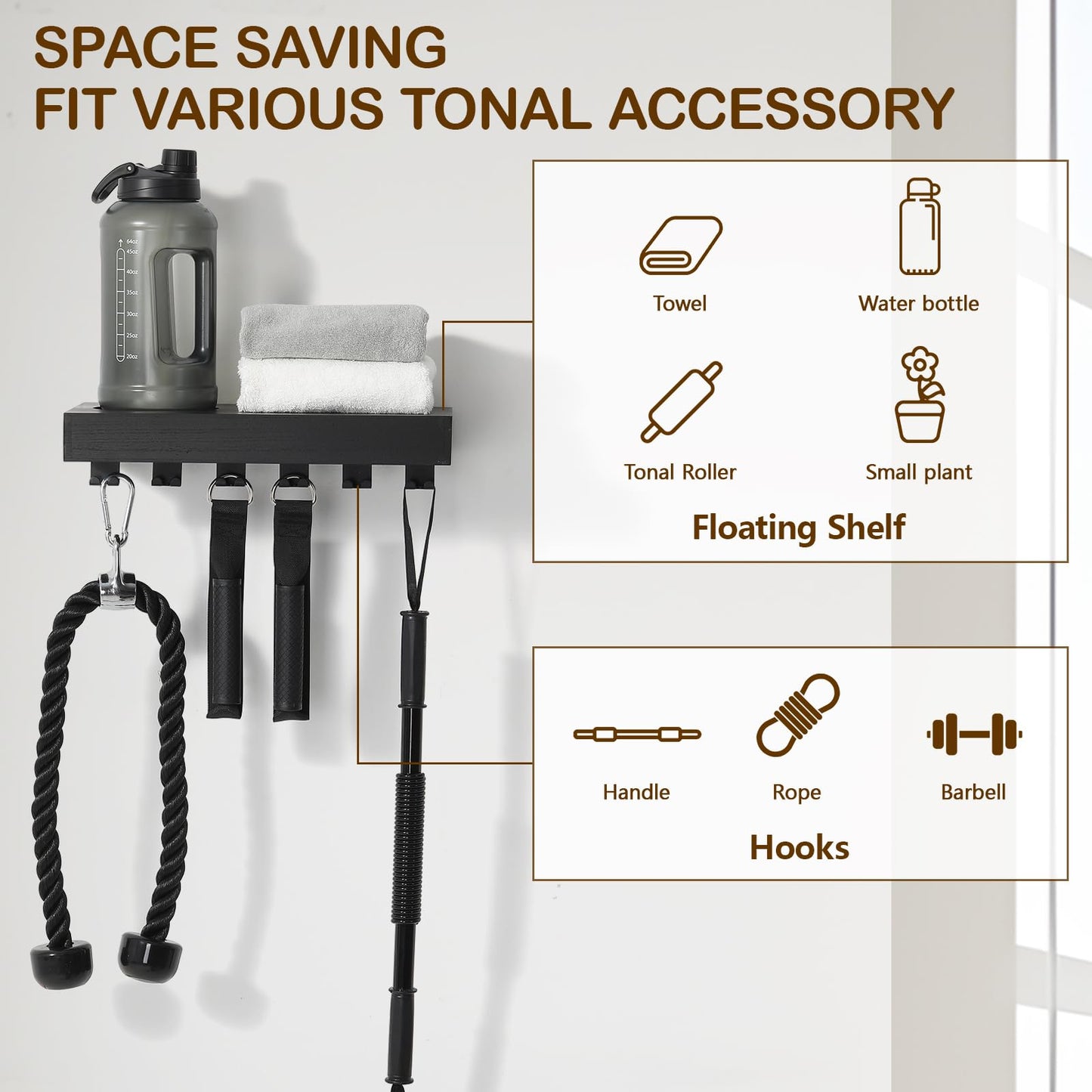 Wishtofly Tonal Accessory Shelf, Wall Mount Floating Shelf Organizer Fits Various Home Gym Accessories, Heavy Duty Space Saving Tonal Storage Rack with 6 T-Locks Clips Hooks Adapters Hanger, Black