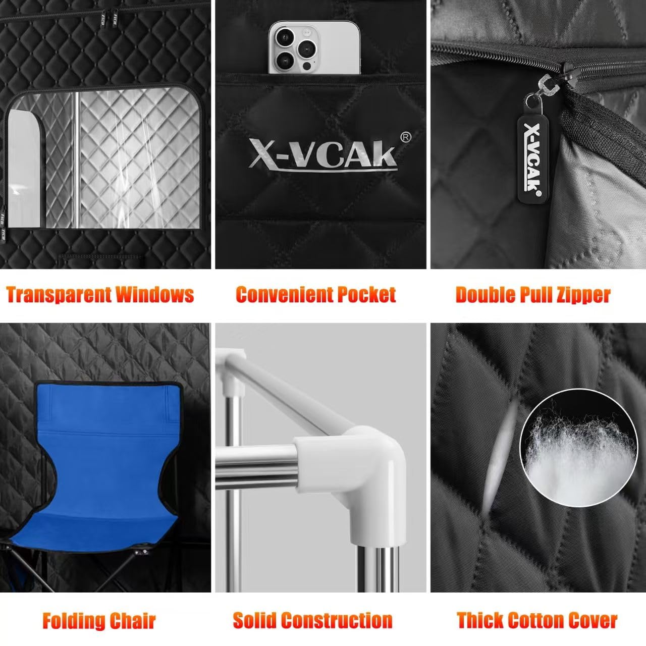 X-Vcak 2 Person Sauna, Extra Large Sauna, Portable Steam Sauna Tent with 2 Steamers, 2 Folding Chair, 71”x 49”x 36”, Black