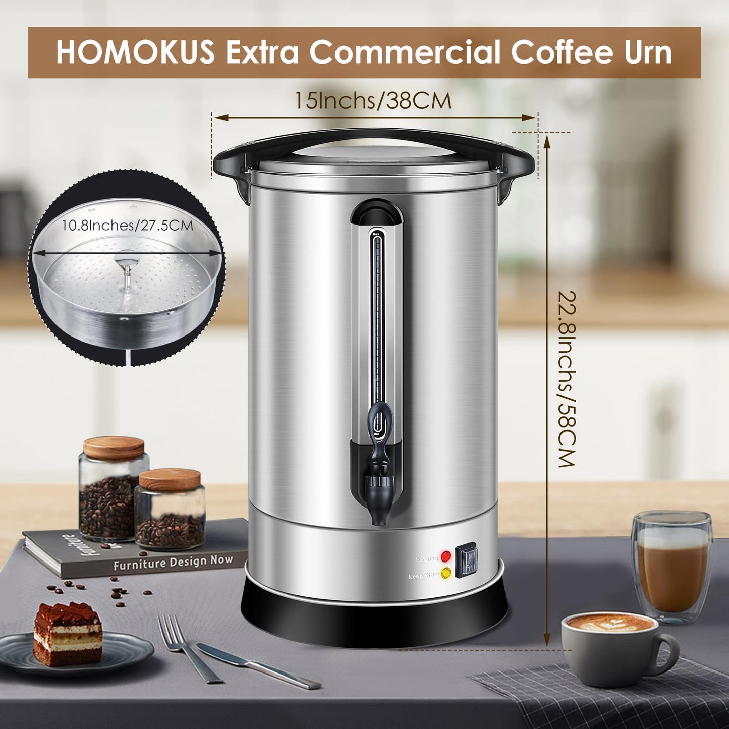 HOMOKUS Commercial Coffee Urn, 120 Cup Extra Large Hot Water Urn, 18L Silver Double Wall Stainless Steel Large Coffee Urns, 1500W Quick Brew Commercial Coffee Percolator Electric for Gatherings