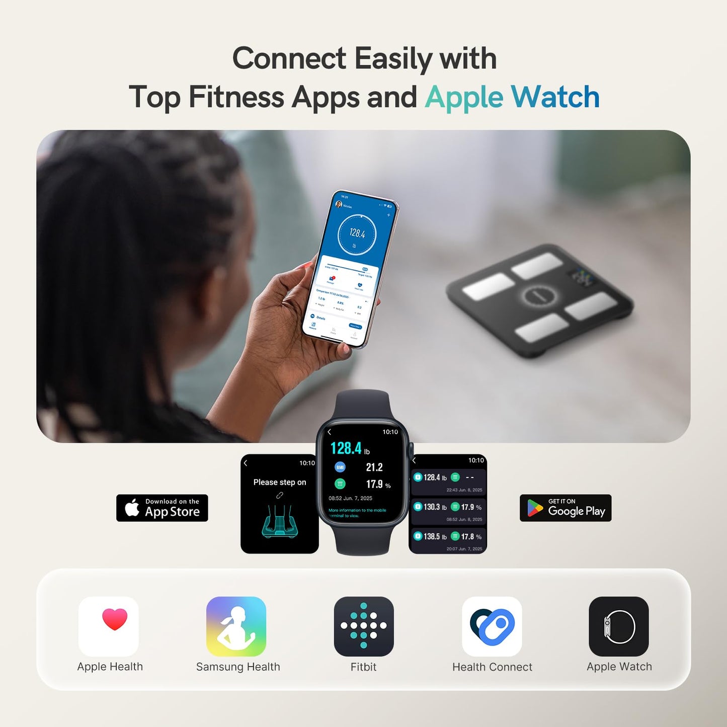 Smart Scale for Body Weight and Fat, Large Display with 6 Auto-Rotating Metrics, Bathroom Scale with 20 Body Measurements, Fitness App & Apple Watch Sync, Compatible with iOS & Android