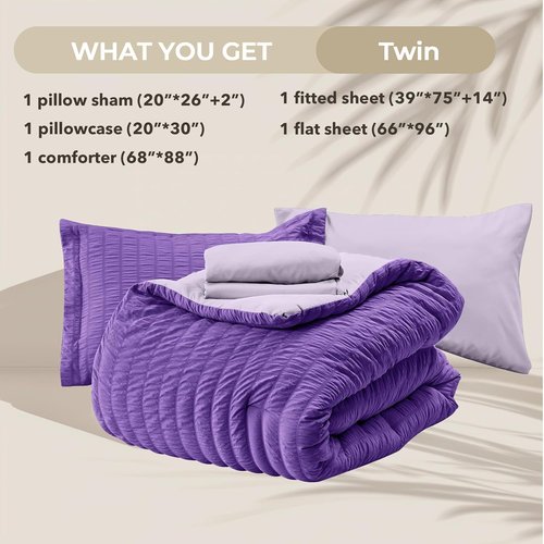 HYMOKEGE Twin Comforter Set - Dark Purple & Lavender Seersucker | 5-Piece All-Season Luxury Bedding Set