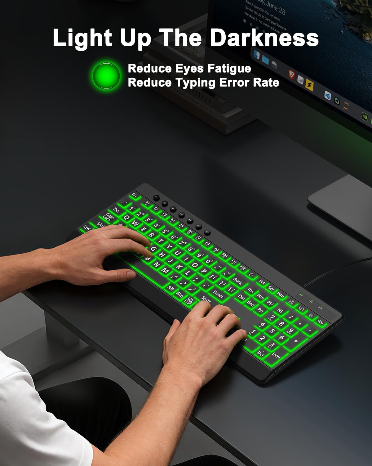 EDJO 7-Colors Large Print Backlit Wired Keyboard, Light Up USB Keyboard with Backlight, Oversize Letters Keys Full Size