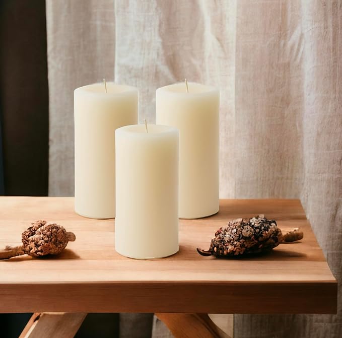 Mister Candle Dripless Vanilla Scented Ivory Pillar Candles Set of 3, Hand Made Vanilla Pillar Candles with Essential Oils for Home Decor, Premium Wax, 80 Hr Burn Time (3x6 inch)
