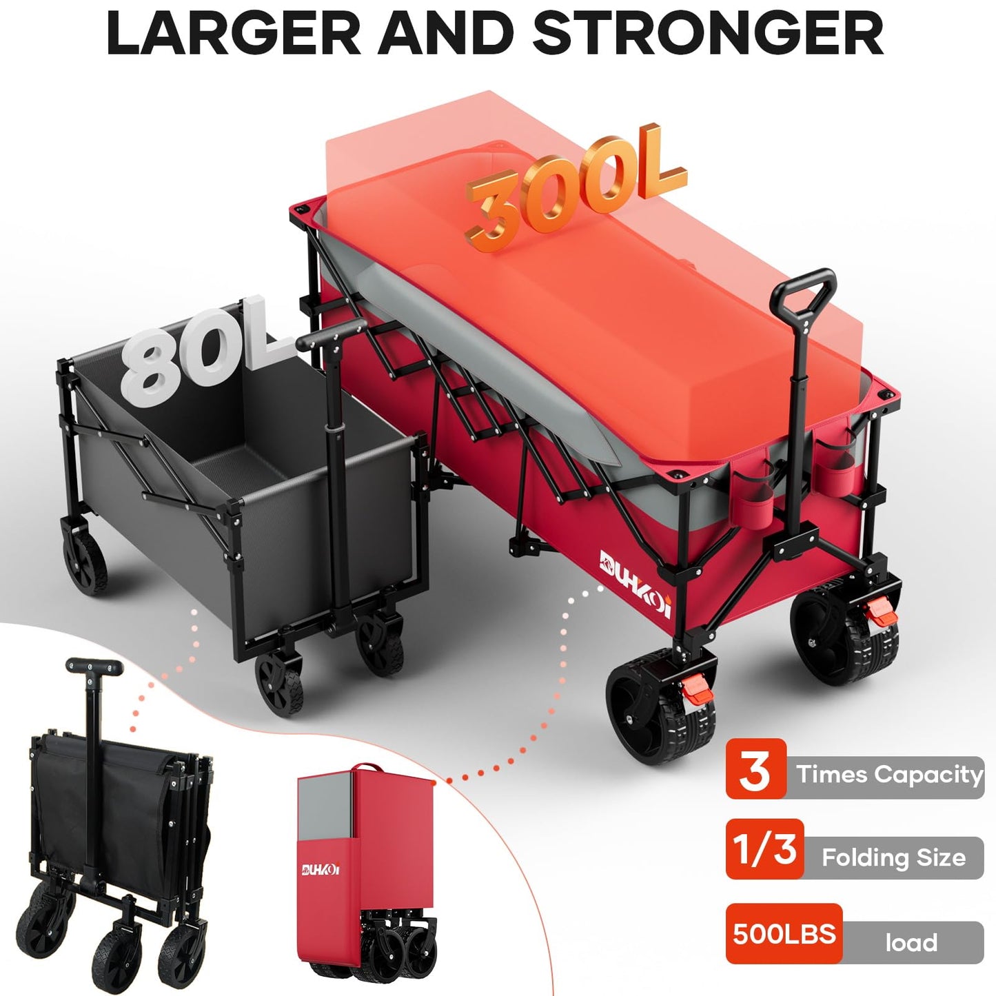 49" L Collapsible Extended Wagon with 500lbs Weight Capacity,300L Heavy Duty Sports Wagon,Big All-Terrian Wheels with Cup Holders,Cart for Sports,Grocery,Shopping,(Rosepink)