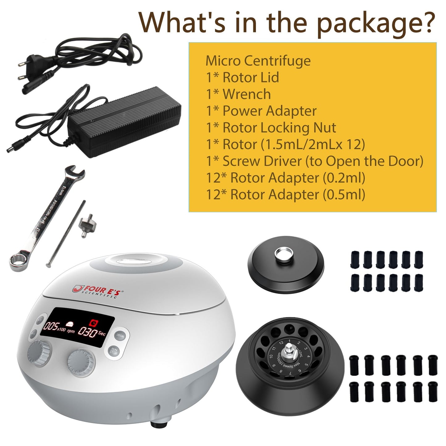 4E's USA High Speed Micro Centrifuge - Benchtop Centrifuge 500 to 15000 RPM Speed with 15100xg RCF, Lab Benchtop Centrifuge Machine with 12-Tube Rotor for 0.2ml/0.5ml/1.5ml/2ml