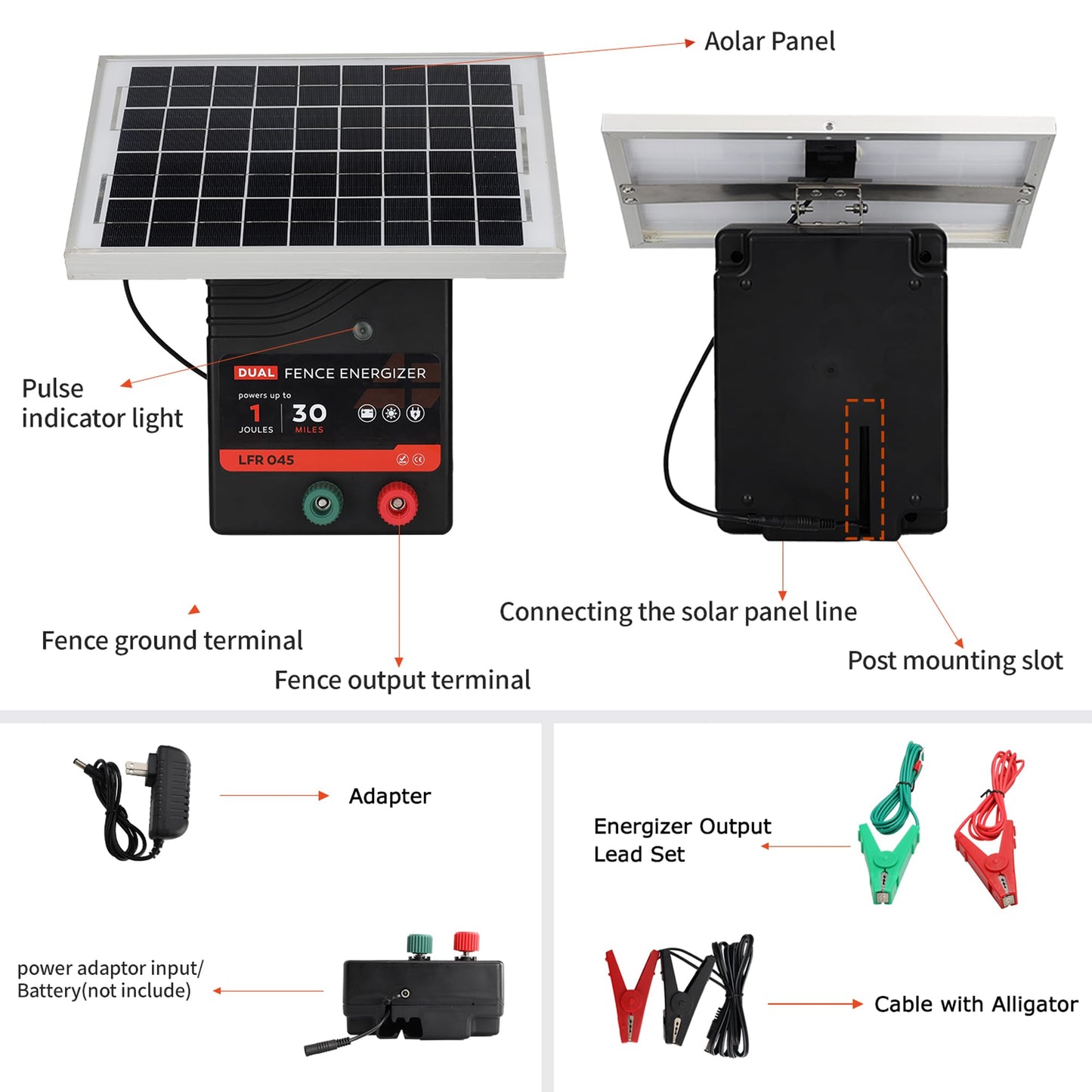 30 Miles Solar Electric Fence Charger, 1 Joule Portable Solar Fence Charger, Solar Electric Fence Kit, with 10W Solar Panel for Livestock, Preventing Predators from Intruding