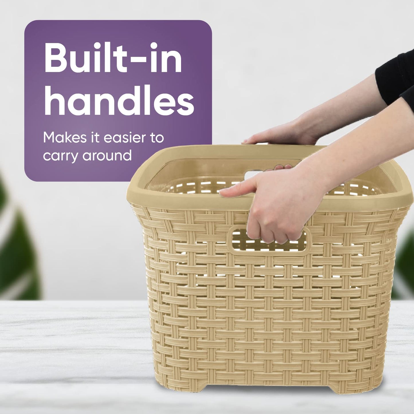 Superio Laundry Basket Plastic Storage Hamper Basket, Beige Cloths Basket Organizer with Cut-Out Handles. Space Saving for Laundry Room Bedroom Bathroom, Wicker Design 50 Liter (2 Pack)