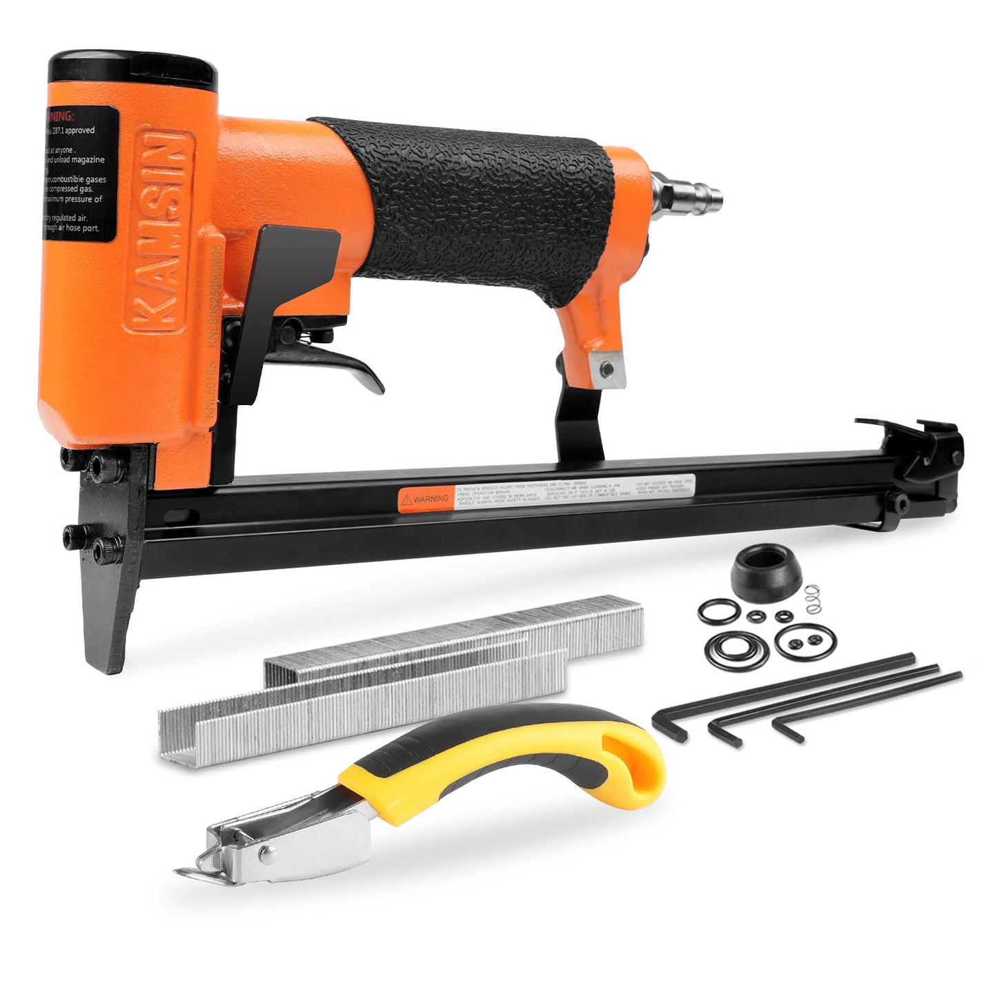 KAMSIN KNL8016S 21 Gauge Pneumatic Serial Upholstery Stapler with Extended Long Magazine, 1/2" Crown Staples, 1/4" to 5/8" Leg Length, Air Power Upholstery Staple Gun for Furniture and Woodworking