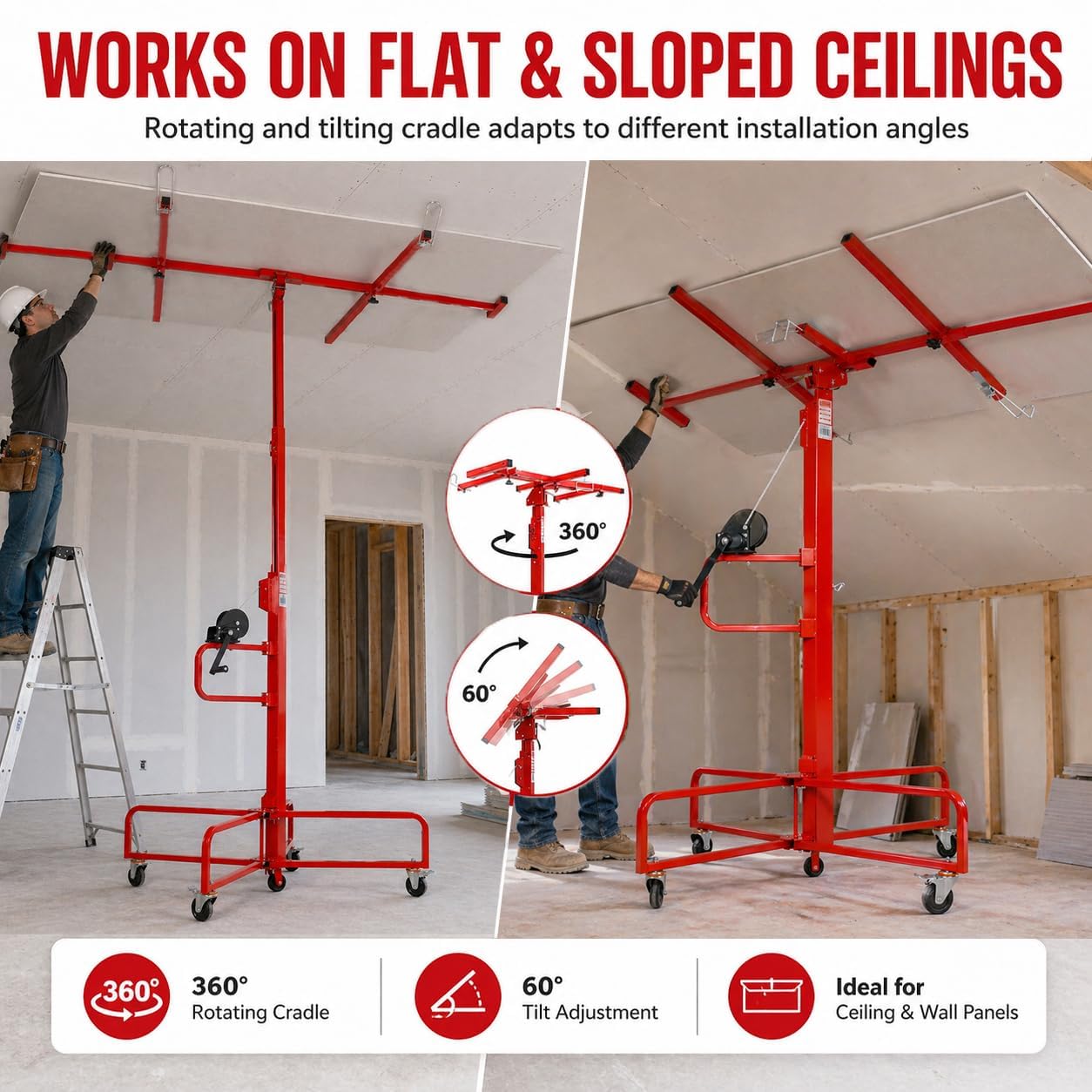 ELOMBR 16FT Drywall Lift Sheetrock Lift, Panel Hoist with 4 Lockable Wheels for Ceiling, Drywall Rolling Lifter Panel, 150LBS Drywall Jack Lift for Home & Commercial Use, Red