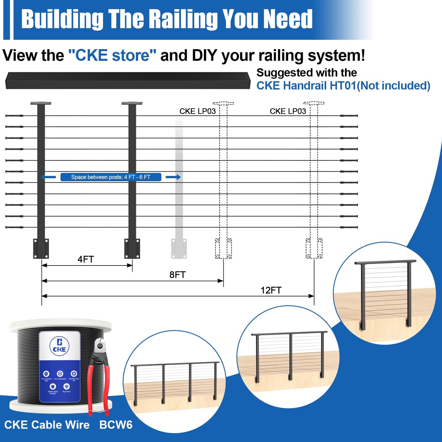 CKE Black Side Mount Stair Cable Railing Post 36 Inch (Post 44"x2"x2") for 25-35 Degrees Stair Railing, Left Side Space-Saving Stainless Steel Cable Railing System Kit Stair Post Indoor Outdoor SP03