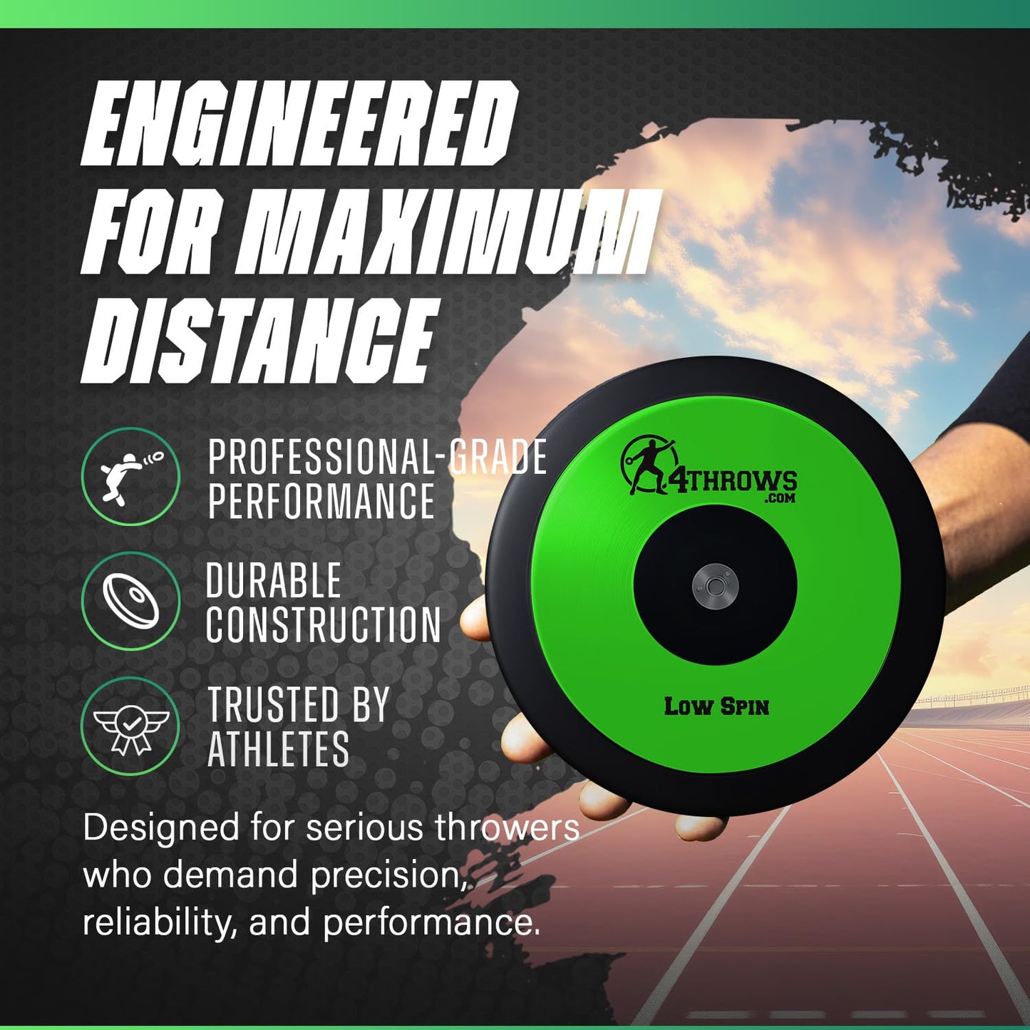4THROWS Low Spin Competition Discus for Track & Field, High School, College, Men & Women — 70% Rim Weight, IAAF World Athletics Certified with Free Carry Bag, Neon Green and Black, 1.6kg