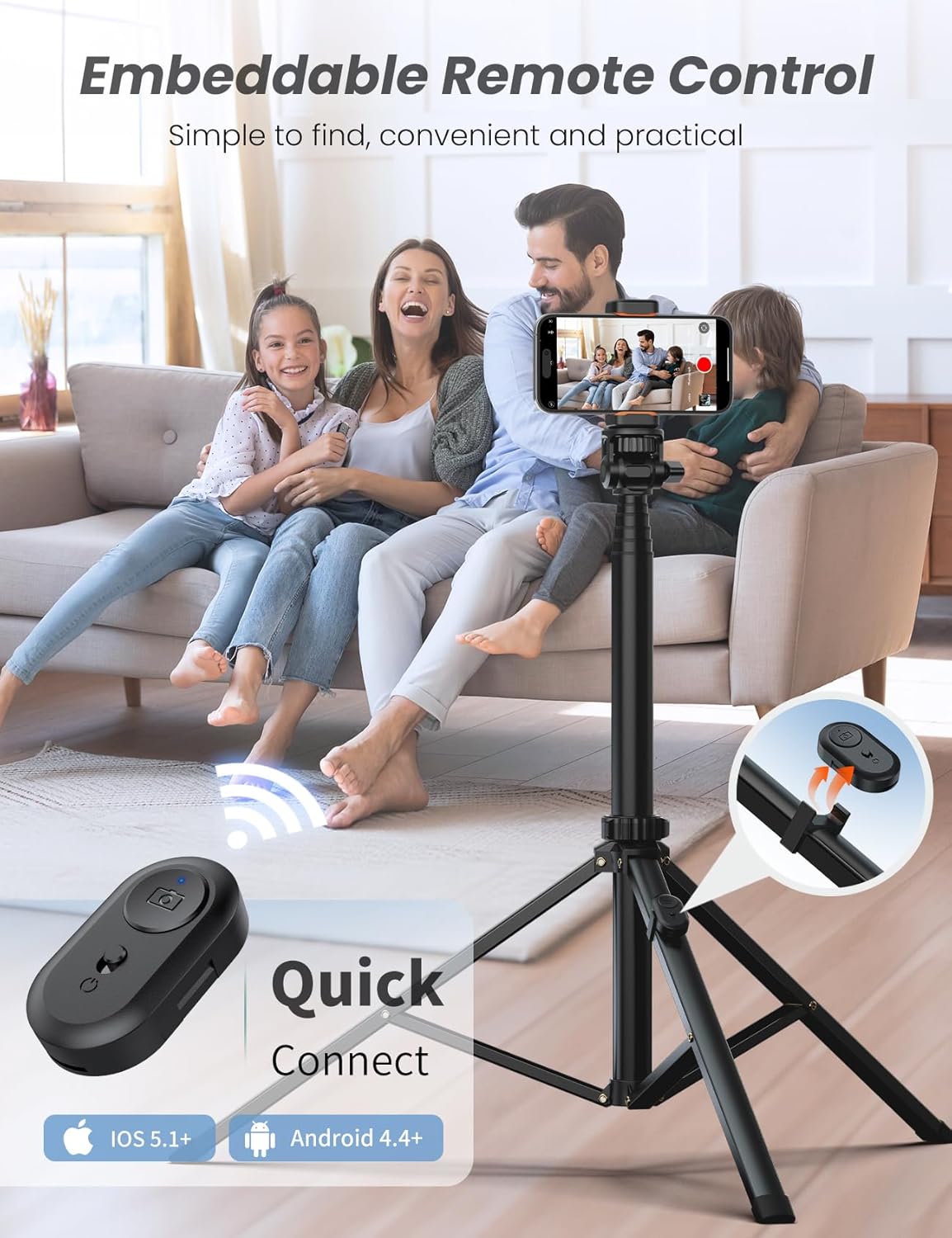 YUMAZLA 86'' Phone Tripod & Selfie Stick, Tripod for iPhone with Detachable Remote, Portable Phone Tripod Stand