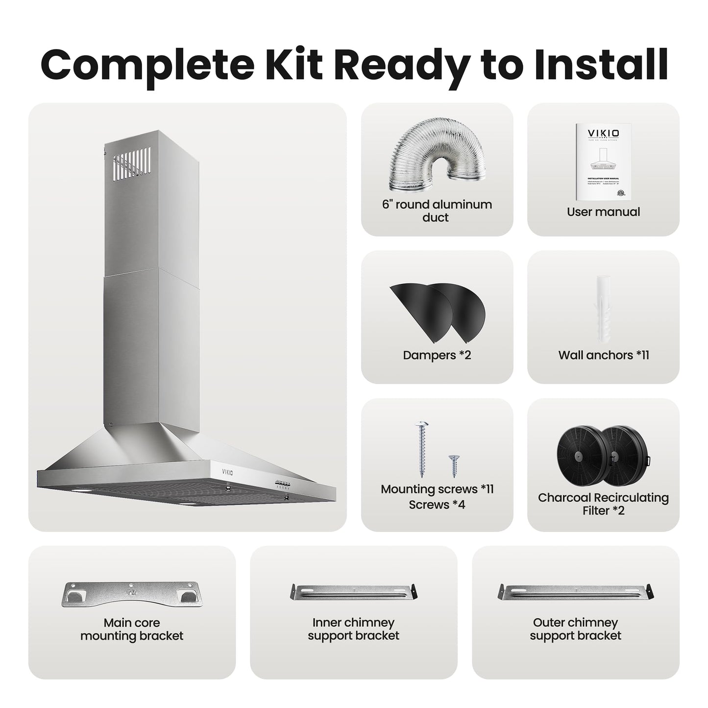 VIKIO HOME Wall Mount Range Hood 36 inch, 600 CFM Kitchen Vent Hood, Ducted or Ductless, with Charcoal Filters, Stainless Steel Baffle Filters & Dual LED Lights