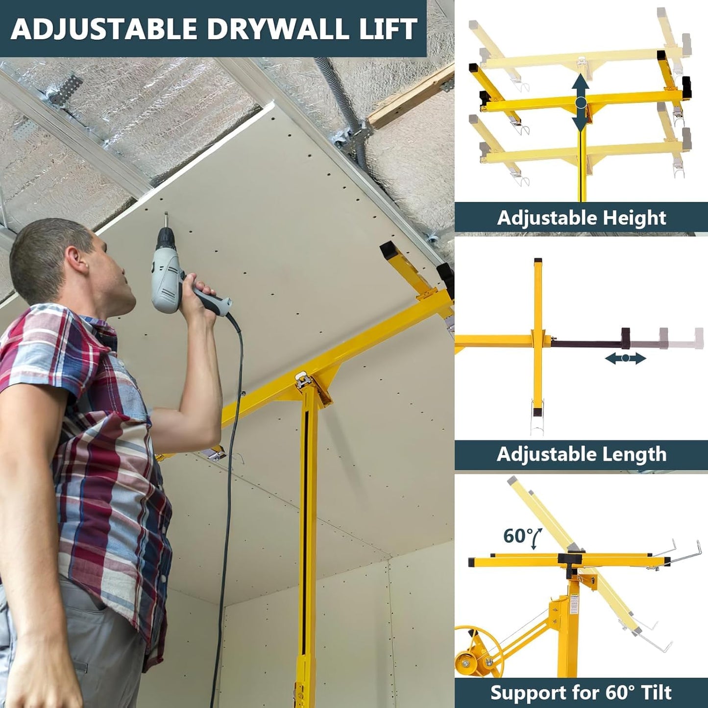 Rovibek 11FT Drywall Lift, Drywall Jack Lift for Ceiling, 360° Adjustable Drywall Panel Hoist, 150LBS Heavy Duty Drywall Lifter, Foldable Sheetrock Lift, Drywall Lift for Home Improvement (Yellow)