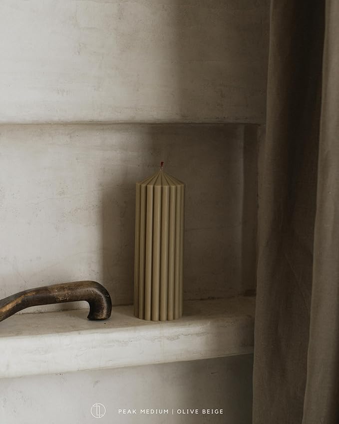 LAWA Ribbed Peak Pillar Candle - Large Beautiful Handmade Pillar Scented Soy Wax Candle Elegant Bubble Aesthetic Candle Housewarming Gift Home Room Shelf Decor Idea White (Medium, Olive Beige)
