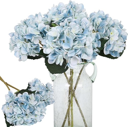 Kisflower Blue Hydrangea Artificial Flowers - 6 Pcs Faux Silk Hydrangeas for Home & Wedding Decor
