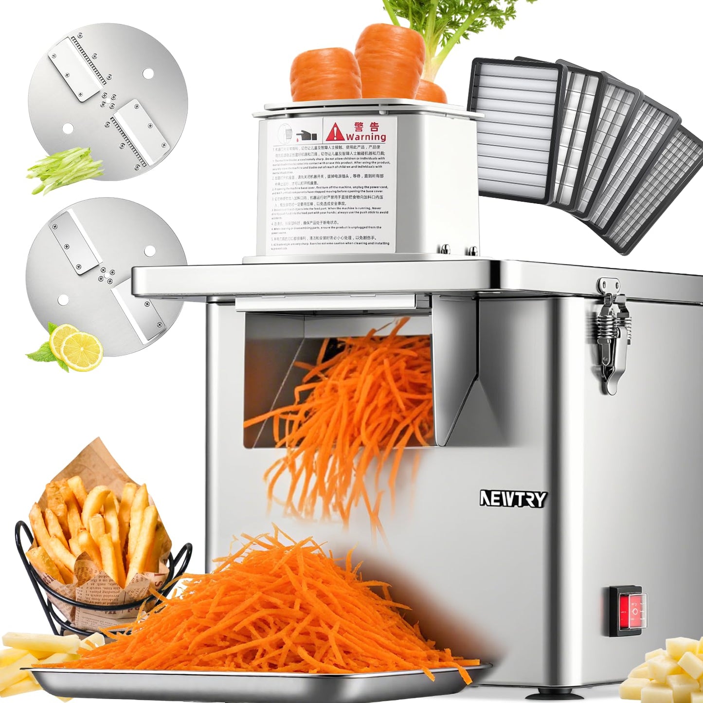 NEWTRY Commercial 4 in 1 Vegetable Processor, 250W Electric Vegetable Fruit Dicer with Slicer Shredder 6/8/10/13mm Dicing Grids, Automatic Slicer Shredder for Potatoes Carrots, Stainless Steel
