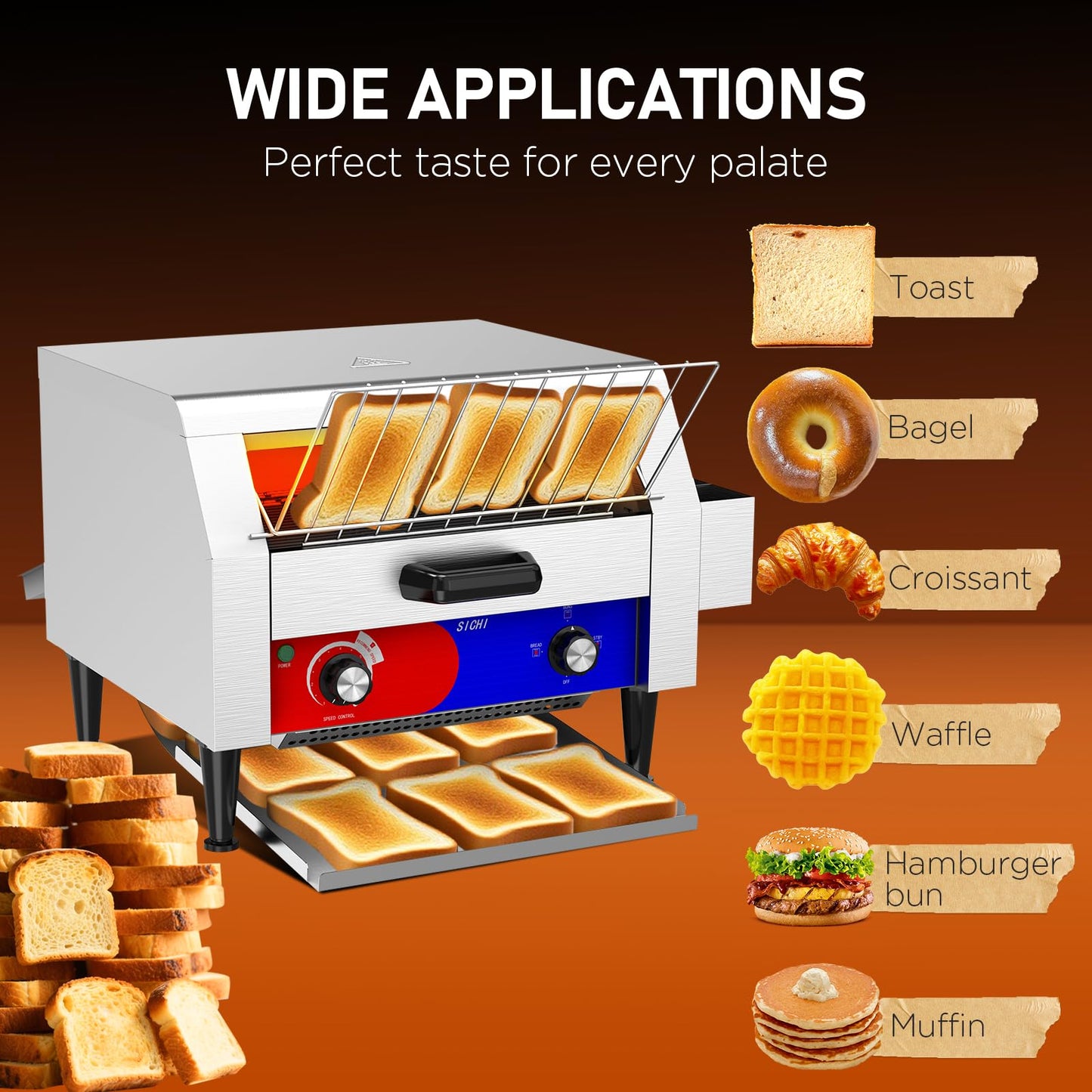 HTTSICHI Commercial Conveyor Toaster w/ 3 Slice Wide Slot, 450 Slice/hour Commercial Toaster w/ 14.1’’ Wide and 3‘’ Opening, Industrial Kitchen Cooking bagel w/Stainless Steel and Heavy Duty