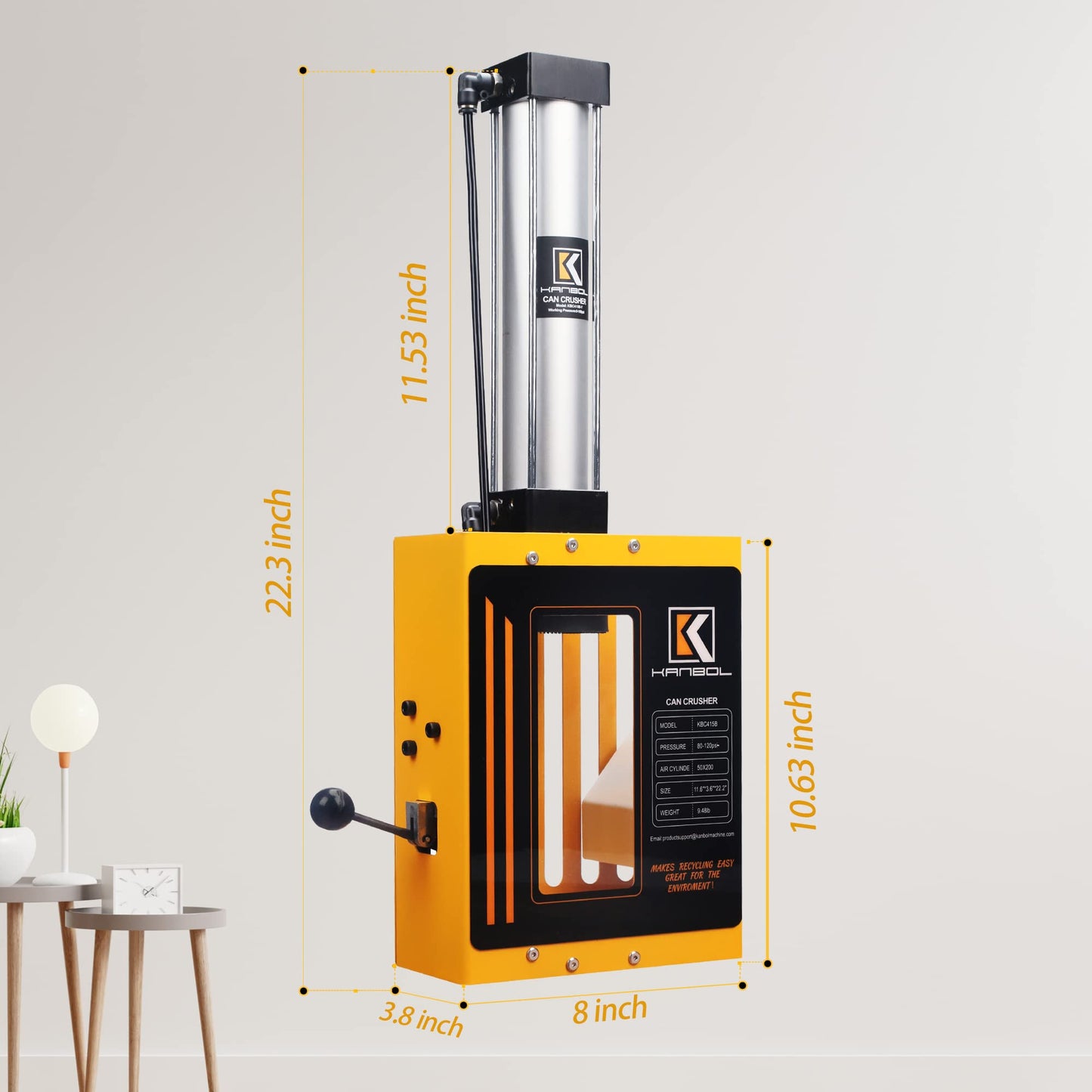KANBOL Yellow Air-Powered Can Crusher – Fully Enclosed Design for Safe 12oz/16oz Aluminum Can Crushing – Wall Mount Recycling Tool