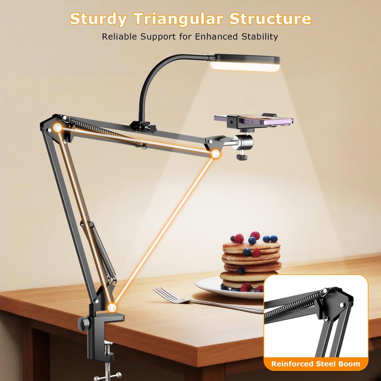 Overhead Camera Mount with Ring Light, Flexible Articulating Phone Arm Stand Compatible with iPhone, Logitech Webcam, Desk Tripod for YouTube Live Stream Cooking Nail Video Recording