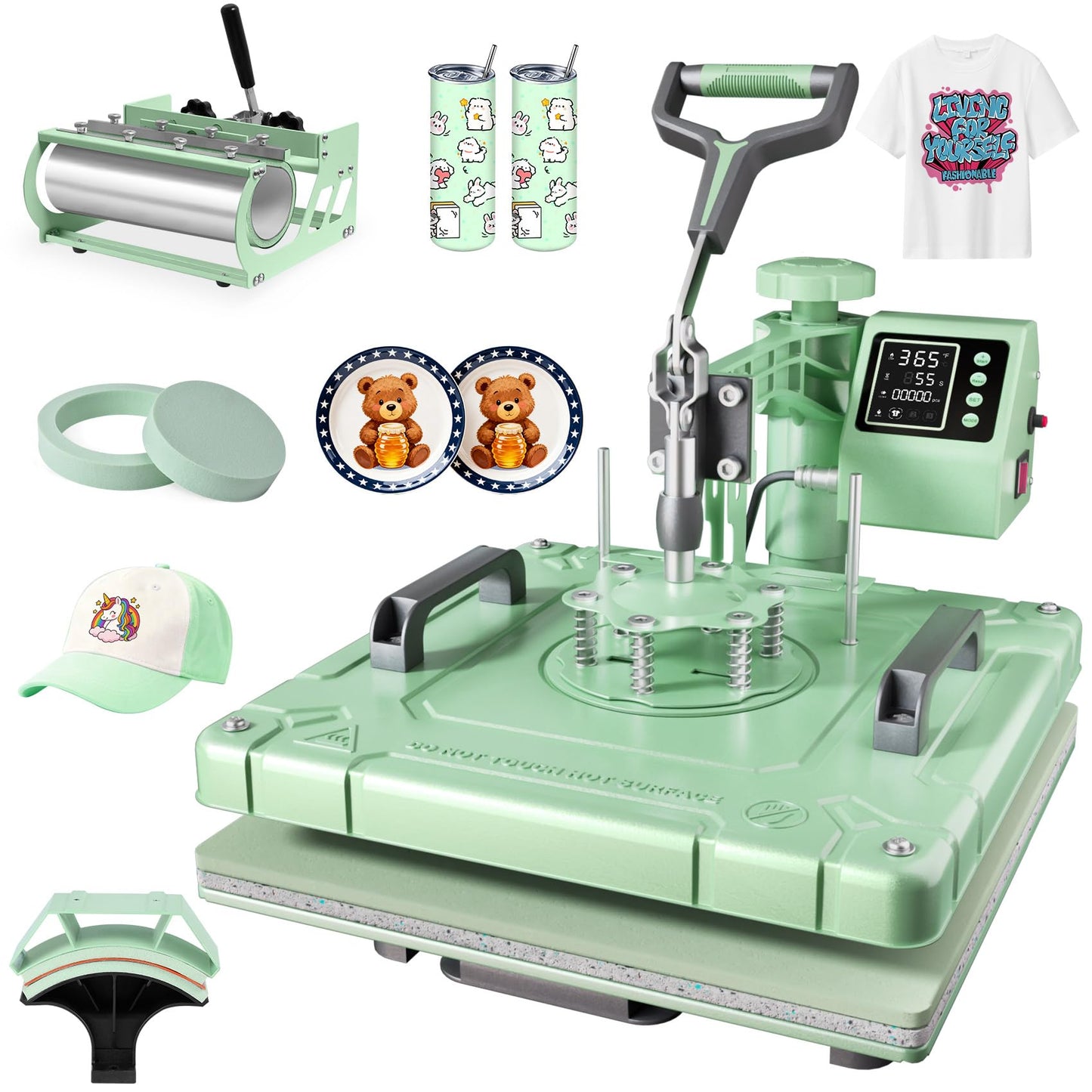 Seeutek Heat Press Machine 15x15 Inch, 5 in 1 Swing Away Sublimation Heat Transfer Press with 20oz & 30oz Tumbler Attachments for T-Shirts, Mugs, Hats & Plates, Green
