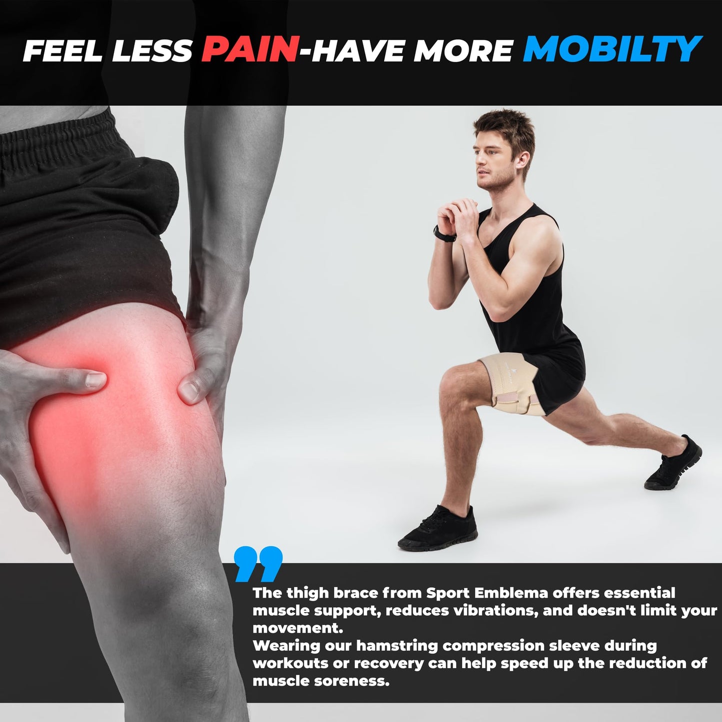 SportEmblema 2026 Upgraded Thigh Compression Sleeve for Men & Women, Sturdier Non-Slip Hamstring Compression Wrap for Quad & Leg Support, Hook and Loop Thigh Brace for Pulled Muscle, Fits 16"-24"-Skin