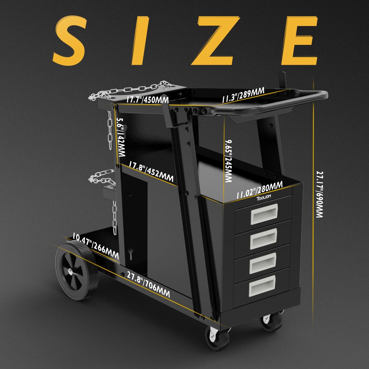 TOOLIOM Welding Cart with 4 Drawers Cabinet,Rolling Welder Cart for TIG MIG Welder and Plasma Cutter 360° Swivel Wheels Welding Trolley