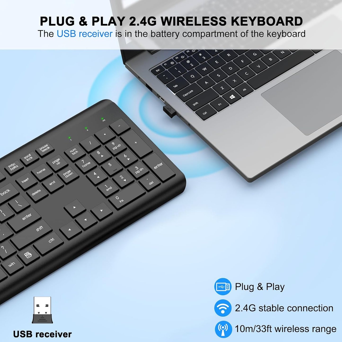 EDJO 2.4G Wireless Keyboard, Full-Sized Cordless USB Silent Computer Keyboard, Ergonomic Tilt Angle, Sleep Mode, Long