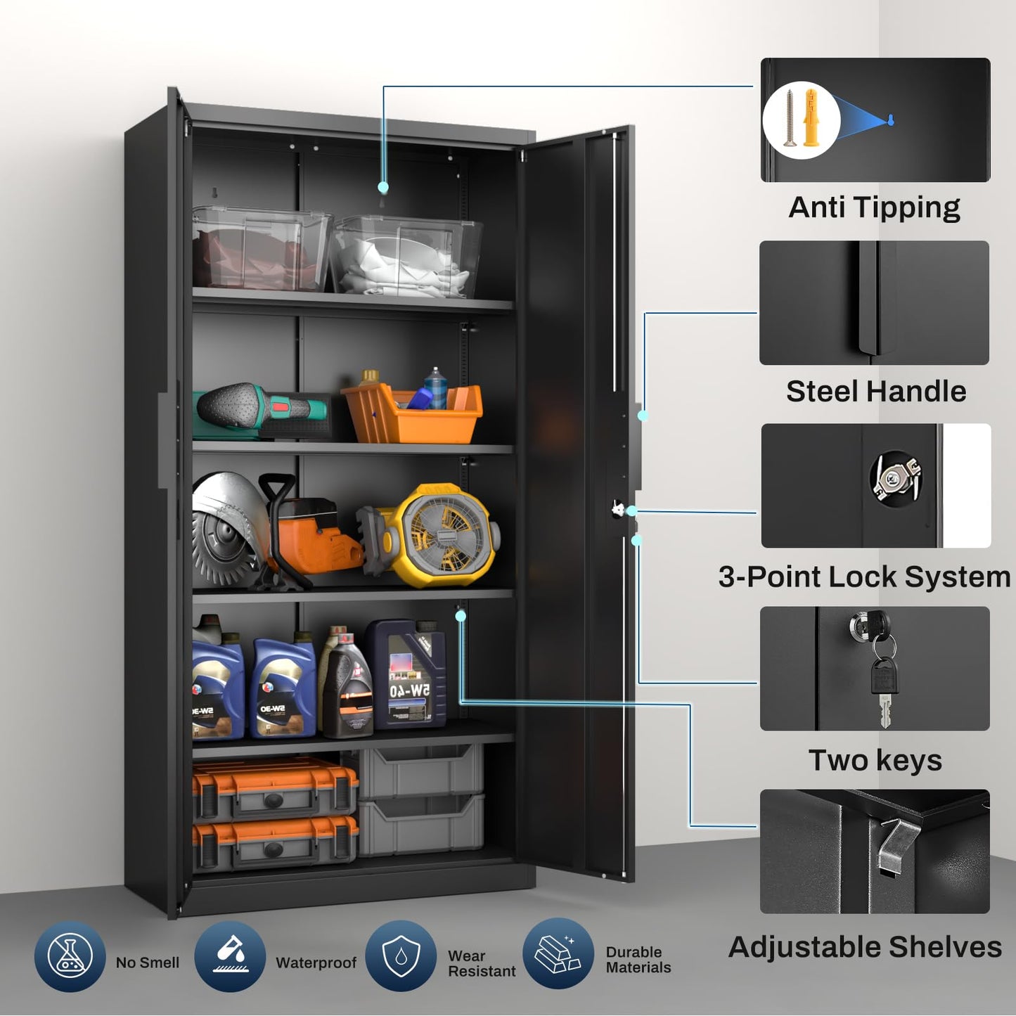 HOMOFFICE Metal Garage Storage Cabinet with Lock, 71" Tall Steel Storage Locker with 4 Adjustable Shelves, Heavy Duty Metal Cabinet for Garage, Office, Home, 31.5”W × 16.5”D, Black