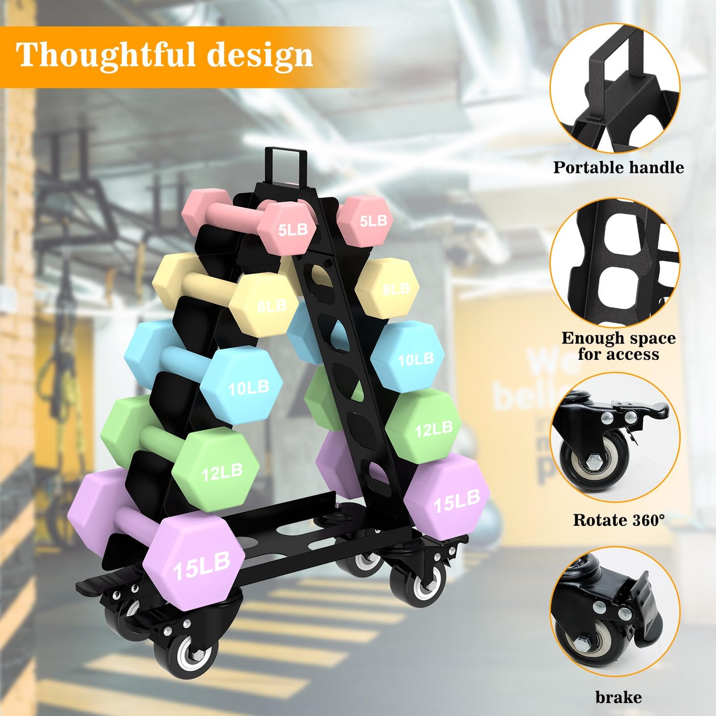 Dumbbell Rack 5 Tier with Wheels(Dumbbells not included),A-Frame Metal Dumbbell Holder with Handle,Multilevel Weight Storage for Dumbbells,Tree Shape Compact Weight Rack/Holder,Perfect for Home Gym