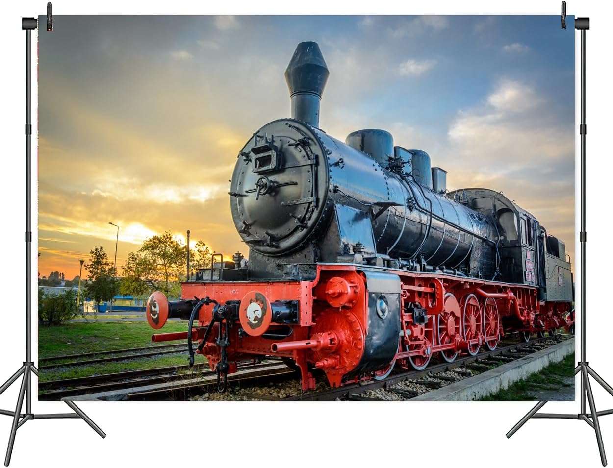 DYNH Sunset Supplies-7x5FT Steam Train Backdrop,Railroad Tracks Railway Photo Background,Train Banner,School Bulletin