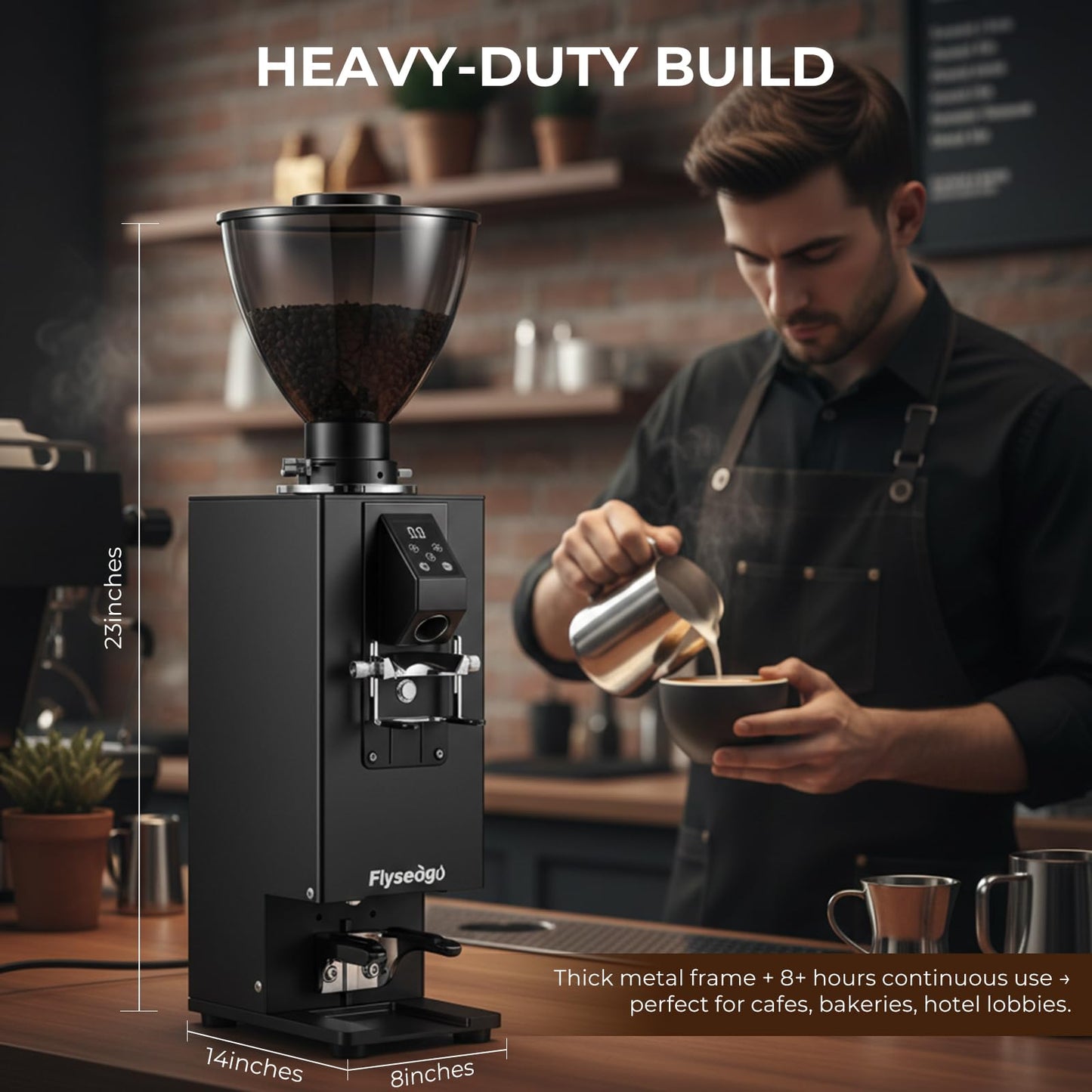 Flyseago Commercial Coffee Grinder with Electric Tamper, 64mm SUS420 Flat Burr, 14 Grind Settings for Café, Bakery