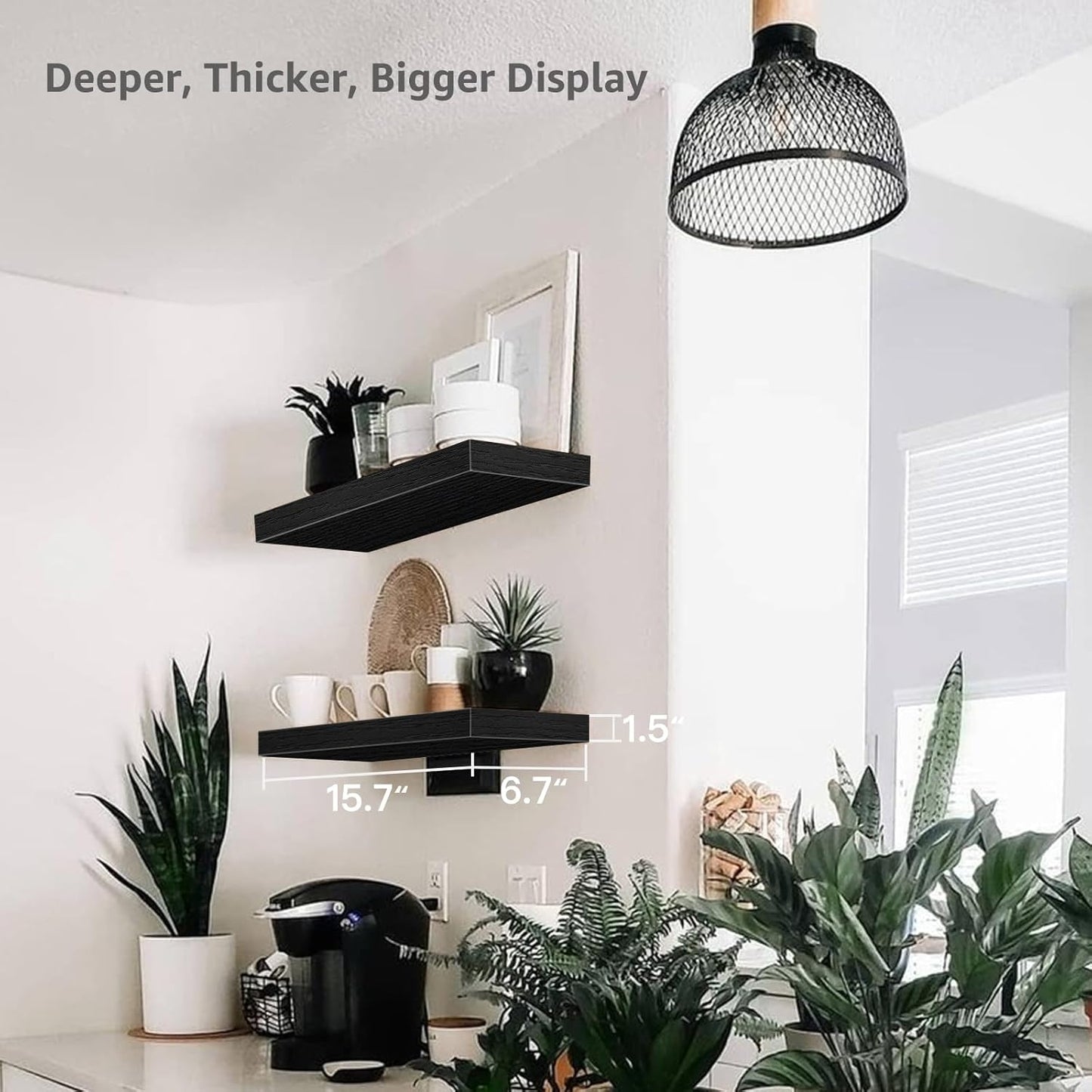 QEEIG Floating Bathroom Shelves - Wall-Mounted Farmhouse Decor | Set of 2, 15.7" x 6.7", Black