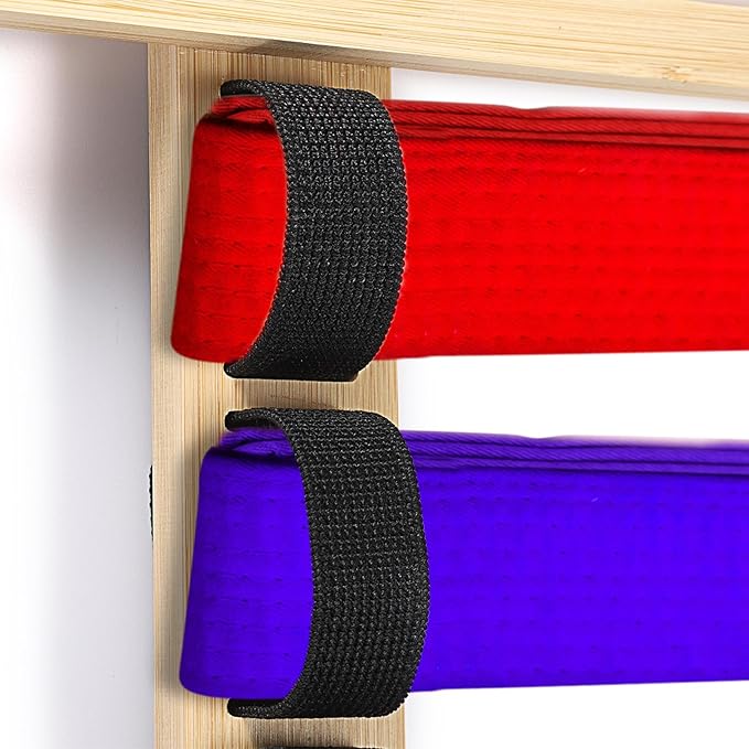 JUXYES Wall Hanging Martial Arts Belts Organizer for 10 Belts with Medal Hanger and Stickers, Bamboo Karate Belt Display Holder Rack, Taekwondo Belt Display Holder for Martial Arts Learners
