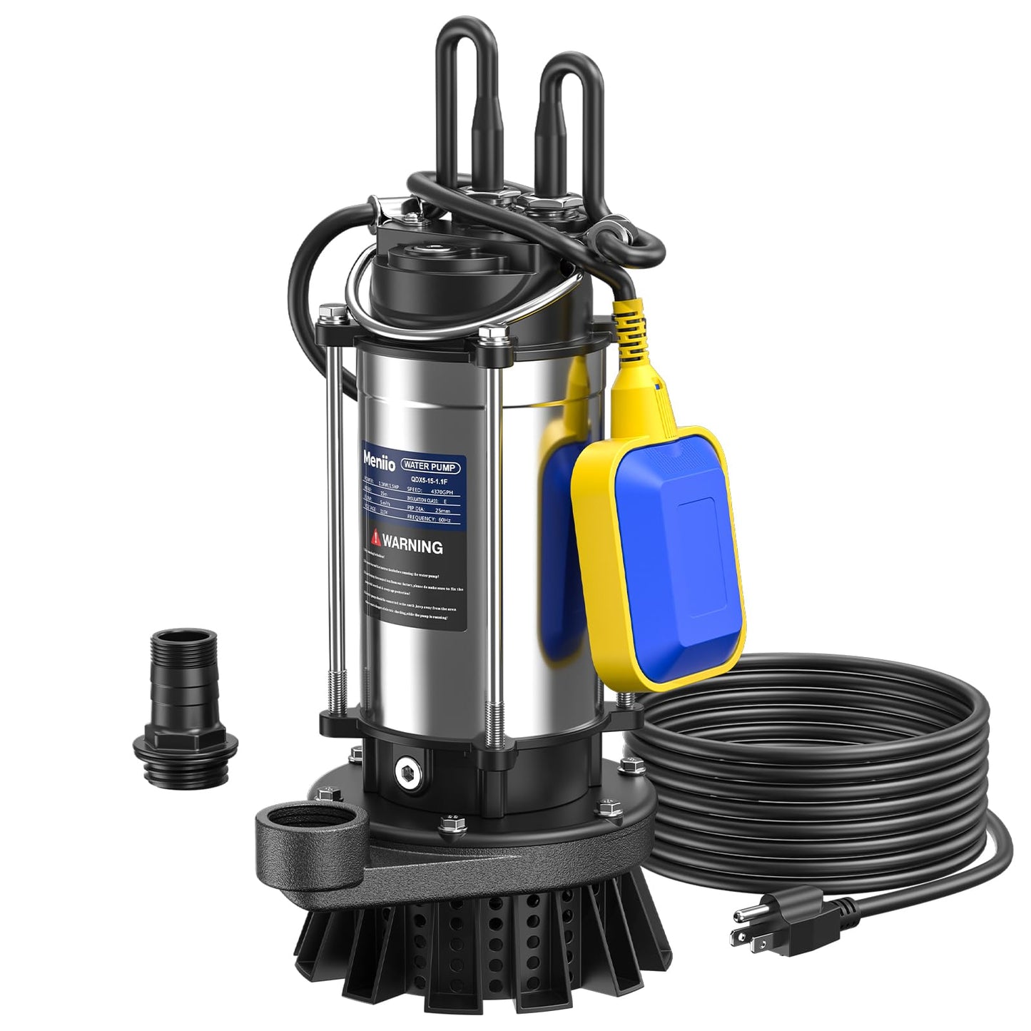 Meniio 1.5HP Submersible Sump & Utility Pump, Stainless Steel Water Pump with Float Switch, High Flow 4370 GPH, 49 ft Max Head, for Basement Drainage, Irrigation, Pool, Garden Pond