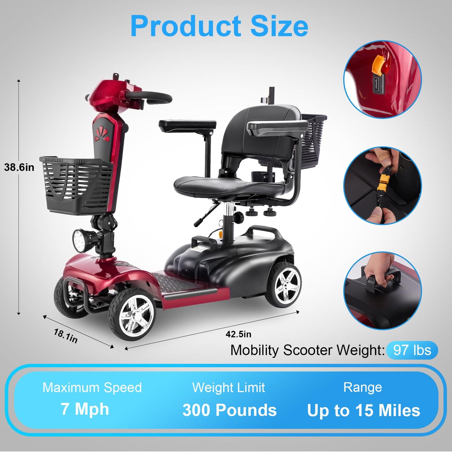 Eldryvon Mobility Scooter for Adults, 15/25/30/50 Miles Long Range, Foldable Electric Scooter for Seniors, Compact Heavy Duty Mobile for Travel, 300Lbs All Terrain, Rotating Wide Seat, Dual Baskets