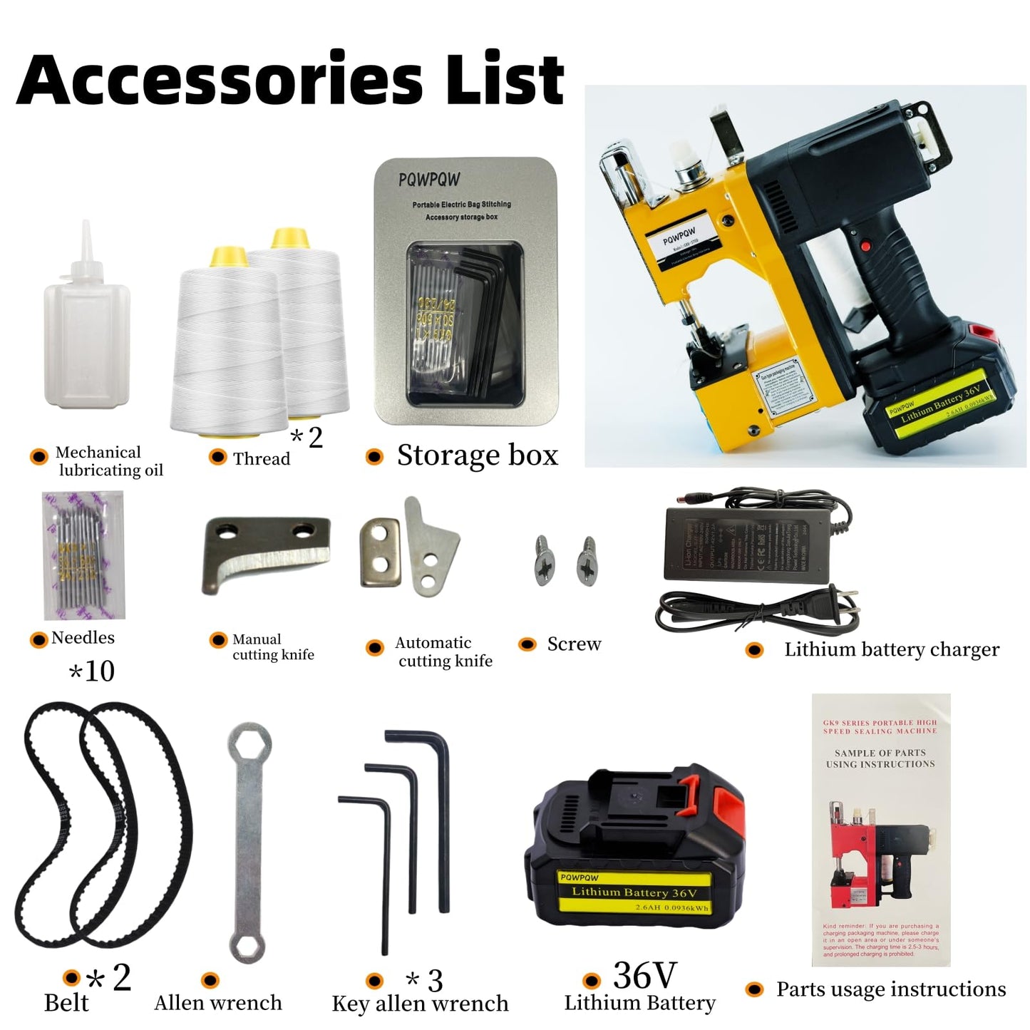 Bag Sewing Machine, 2s/bag Portable Bag Sewing Machine, Industrial Bag Closing Machine for Packing Woven Bags Non-woven Fabrics Leather (Yellow, Lithium Battery - 36V)