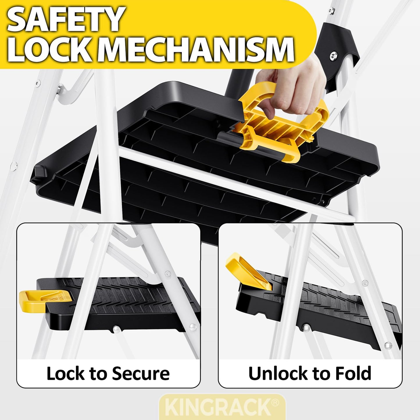 KINGRACK Folding 5-Step Ladder, 800 lbs Capacity Step Stool with Safety Lock, Tool Tray, Non-Skid Wide Steps, Handrail, Household Folding Ladder for Home, Garden, Painting, Outdoor, and Garage, White