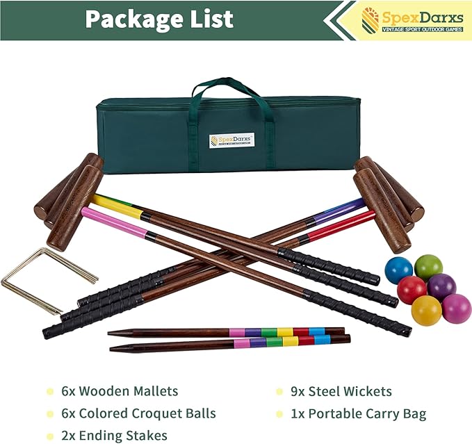 Six Player Croquet Sets, 35’’ Croquette Set with Premium Wooden Mallets/Colored Balls/Wickets/Stakes/Carrying Bag, Lawn Backyard Outdoor Game for Teenager Adult Family