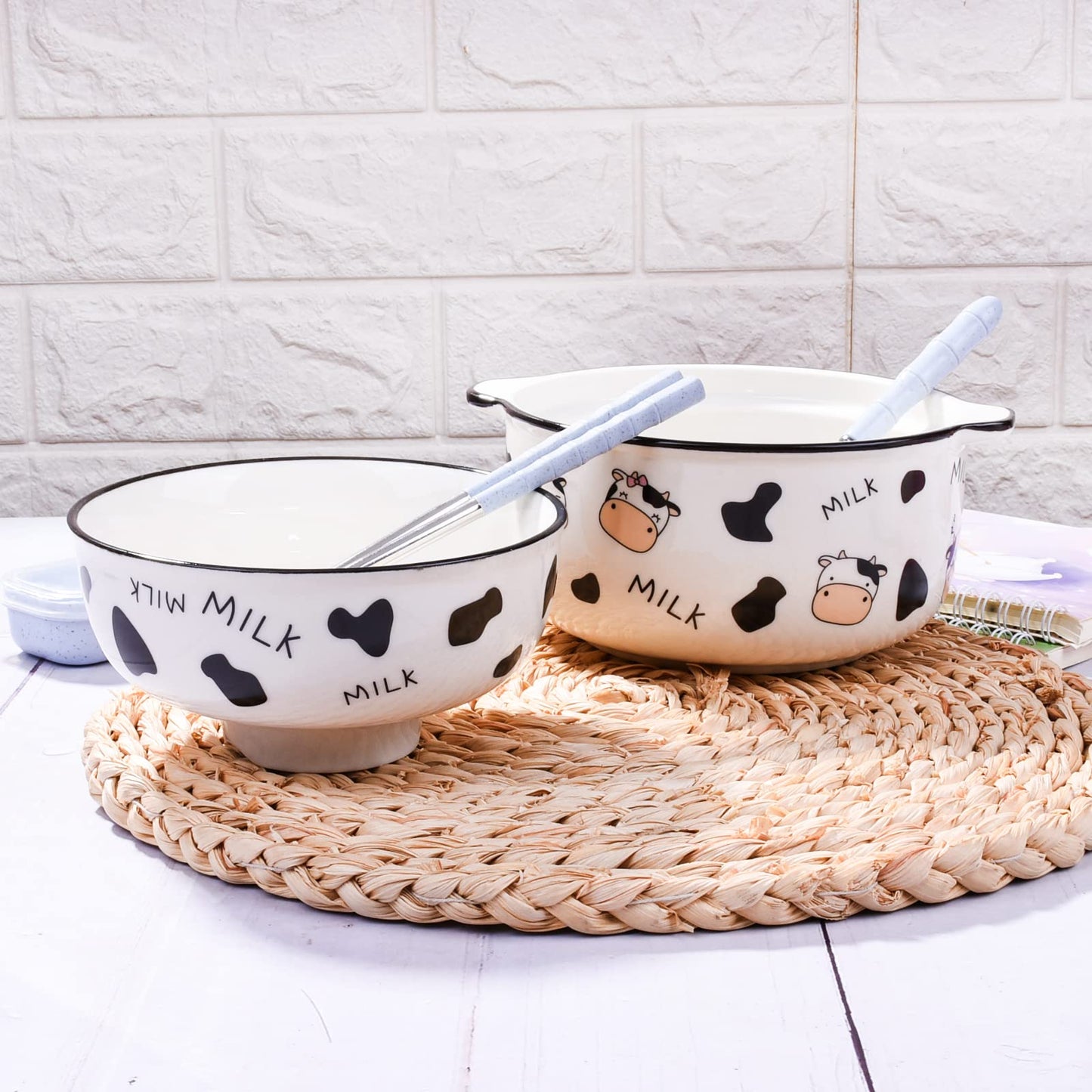 BOSILI Ceramic Bowl Set with Lid Chopsticks and Spoon 23.6 OZ Perfect for Soup Ramen Noodles and More Microwave Safe