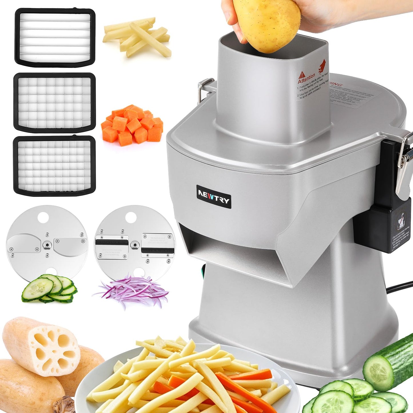 NEWTRY 4 in 1 Electric Vegetable Slicer Dicer Shredder & Strip Cutter, Commercial Automatic Multifunctional Food Chopper for Veggies & Fruits, with Thickness Adjustable Blades, 110V, 200W
