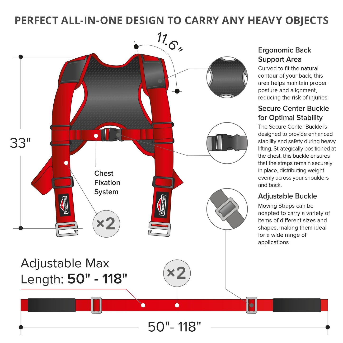 X-Protector Moving Straps - 2 Pairs - Lifting Straps for 2 Movers - Move Furniture Easily and Safely - Perfect for Lifting & Moving Heavy Objects (Adjustable Length 50-118”)