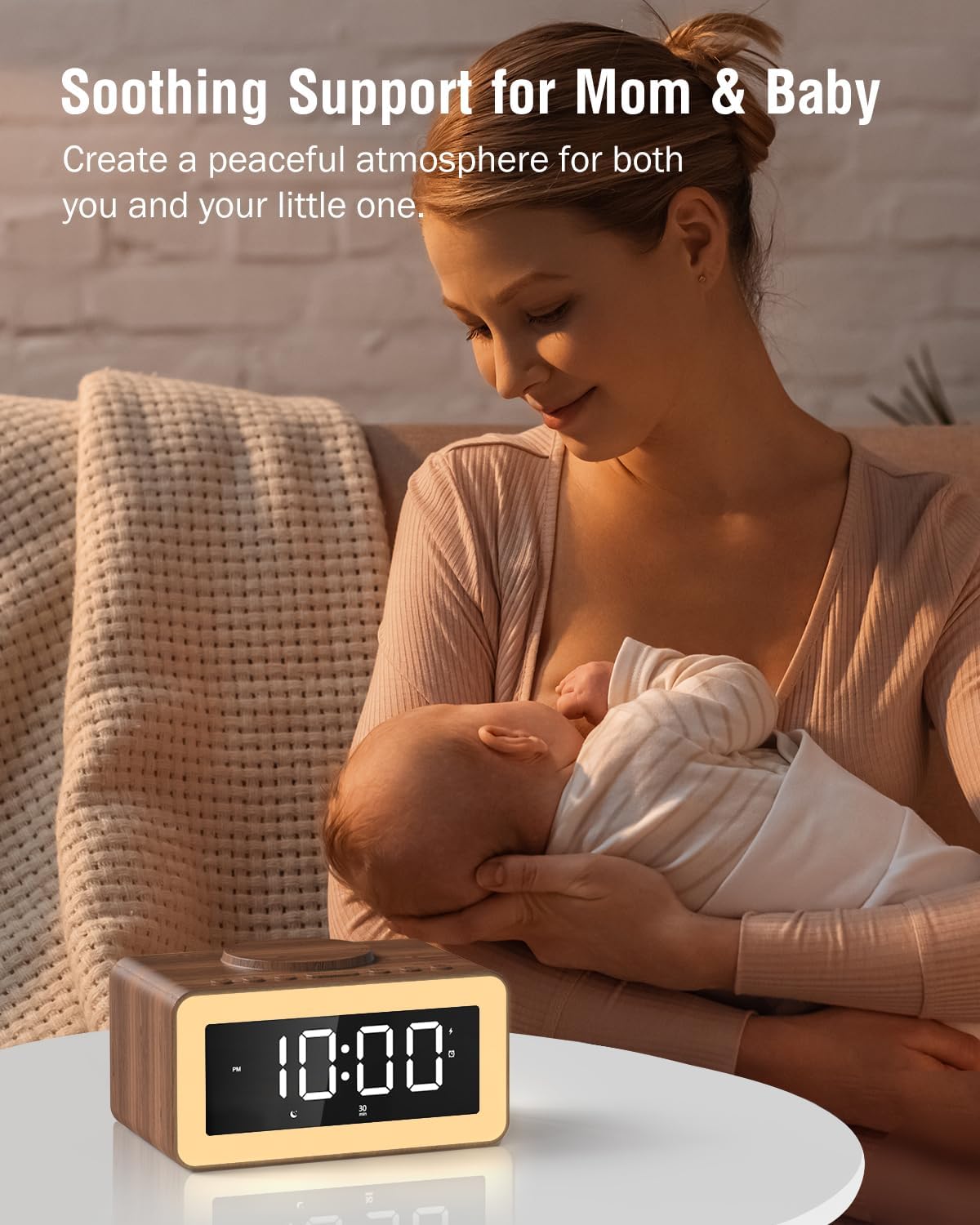 Alarm Clock with Wireless Charging, Bluetooth Speaker, White/Brown Noise Sound Machine Night Light, Wooden Digital