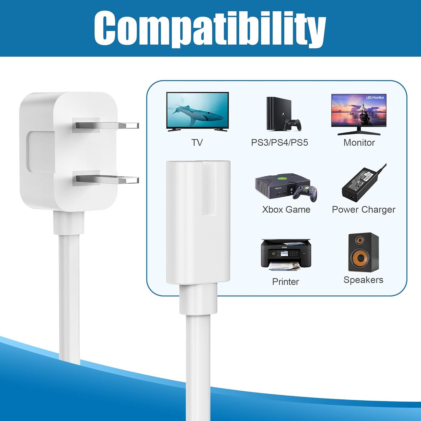 AGVEE 10ft 90 PS5/PS3 2 C7 Degree Power Cord for Sony Slim, Xbox Series S/X, Xbox One S/X, Prong Universal TV Power