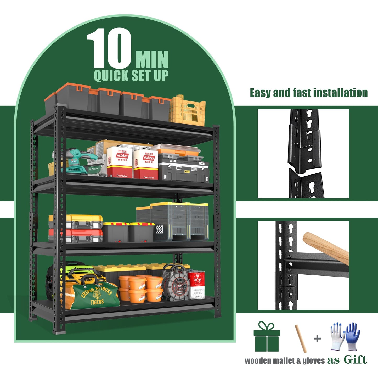 Rufokisa 48" W Garage Shelving Heavy Duty，2000LBS Loads Adjustable Garage Storage Shelves, 4-Tier Metal Shelving Units and Storage Racks Heavy Duty, 48”W x 16”D x 72”H，Black