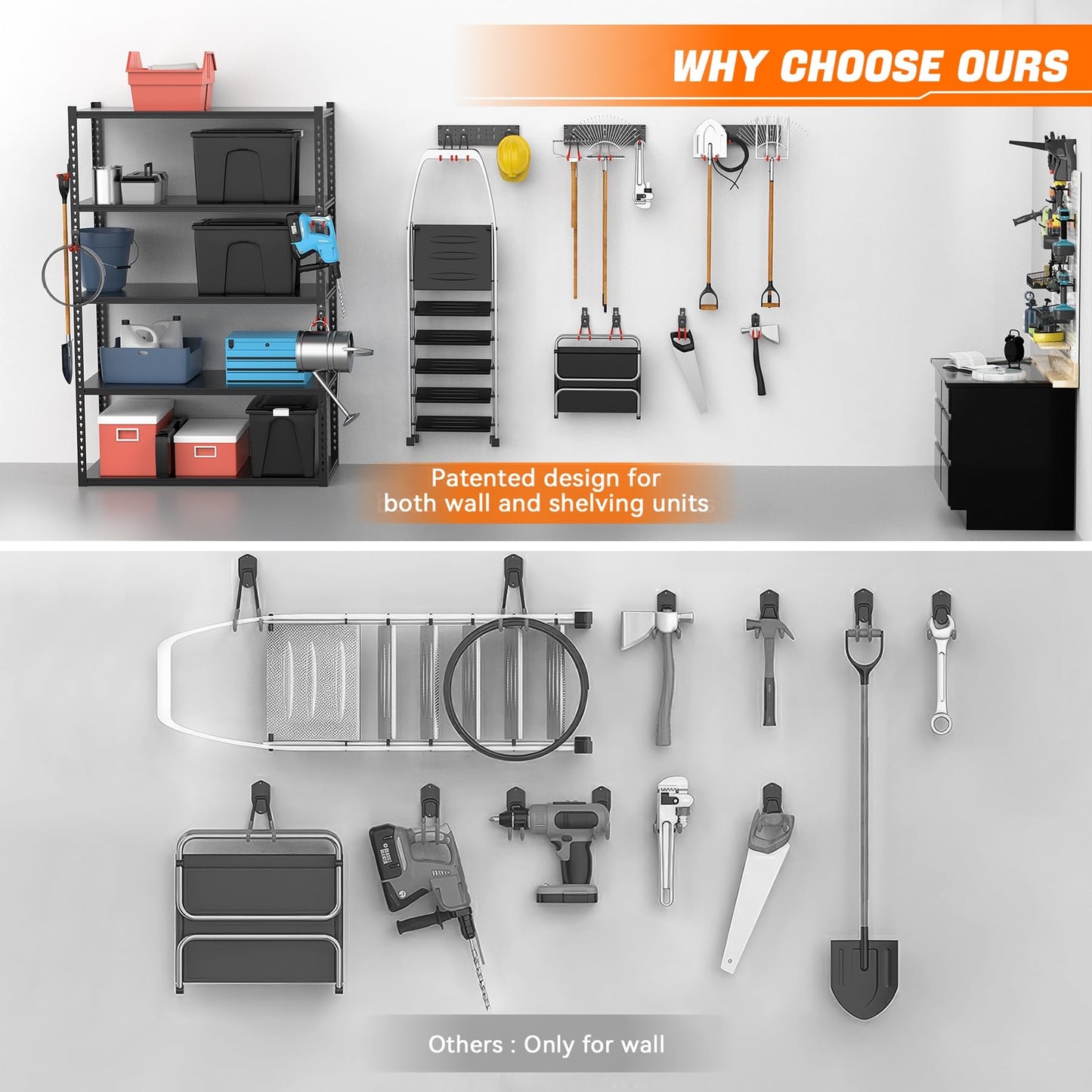 TORACK 24 PCS Garage Storage Hooks with Tracks, Wall Mount Tool Organizer for Garden Tools, Ladders, Cords, Folding Chairs, Shovels and Rakes, Shelving Hooks for Keyhole Style Shelving Units