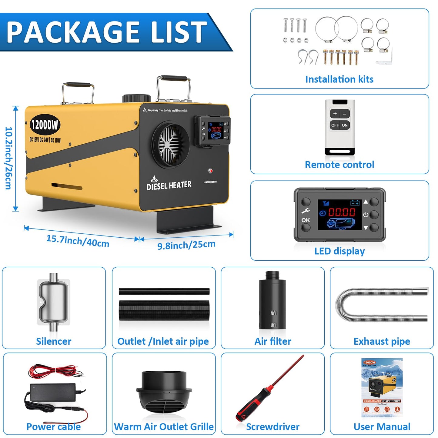 12000W Diesel Heater, 110V/24V/12V Ultra Parking Heater with Remote Control and LCD Display, 2025 Upgraded All-in-One Instant Heat Low Noise for RV Truck Boat Bus Home Shop (110V/24V/12V Heater)