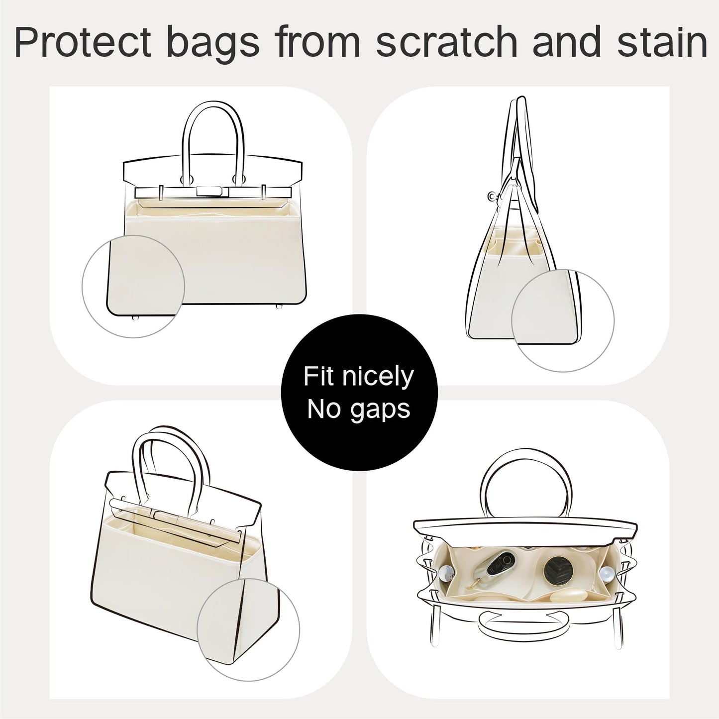 DGAZ Moon Fits for Hermes Bag Insert, Premium Silk Purse Organizer Insert, Smooth Touch & Lightweight，Luxury Handbag Organizer with Gift Box Fits For Brikin 30(BK30 Retourne,Craie)