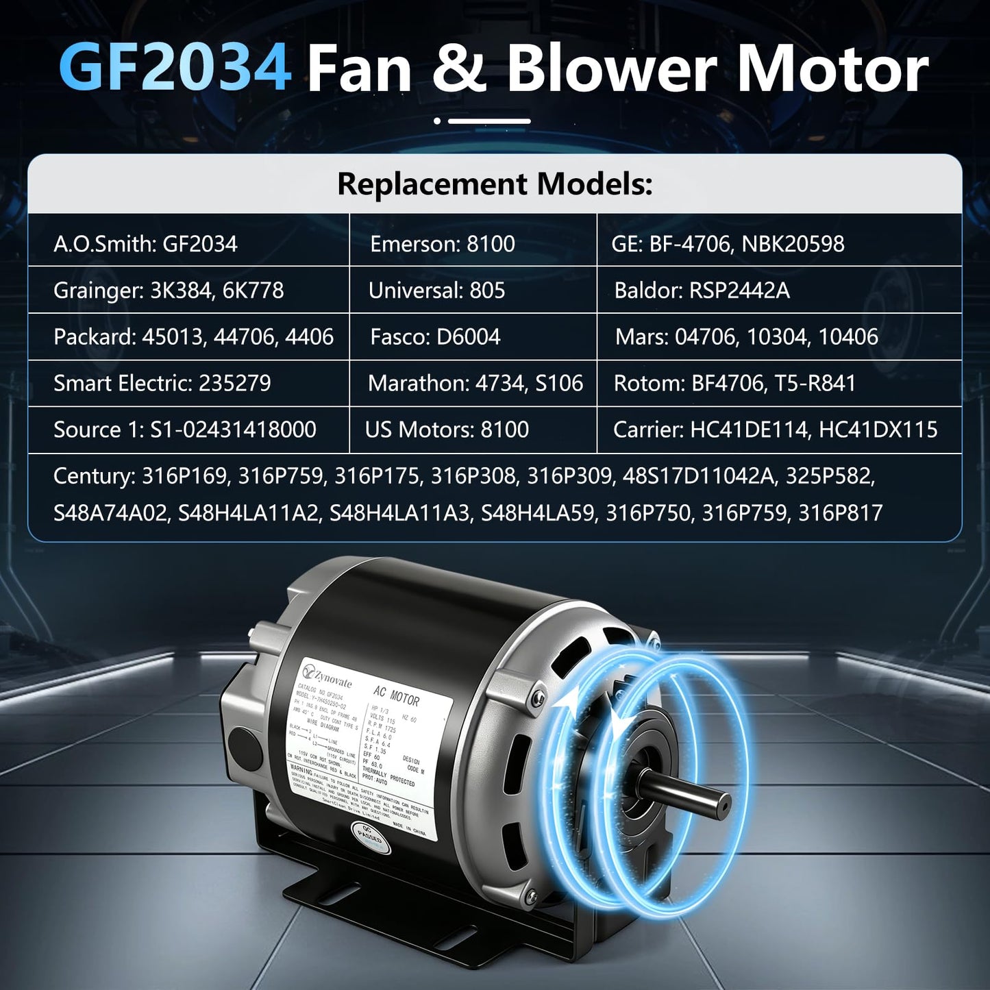GF2034 Blower Motor, 1/3 HP 115V 60Hz 1725RPM 48 Frame, Belt Drive Compatible with Packard 45013, AO Smith/Century 316P169, Emerson 8100, GE BF-4706, Universal 805, Baldor RSP2442, Carrier HC41DE114