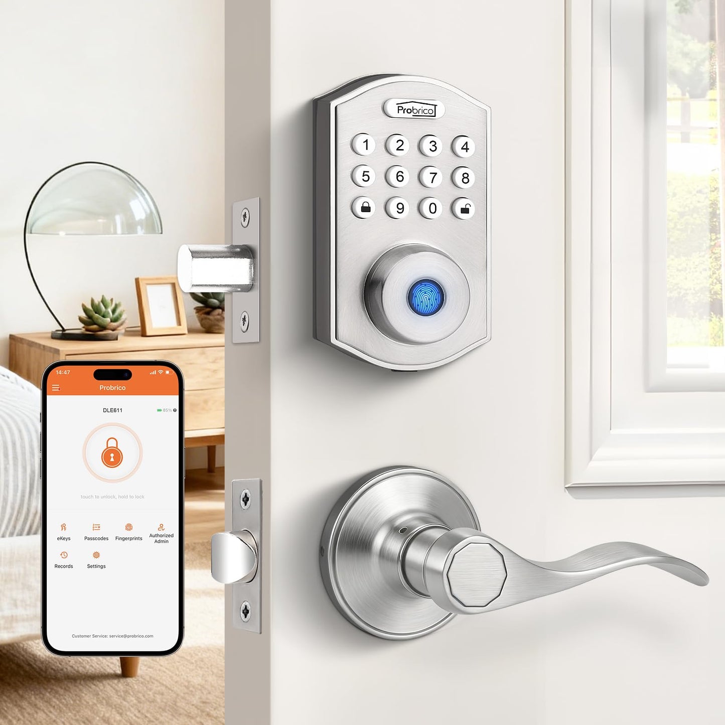 Probrico Smart Door Lock Satin Nickel Keyless Entry Door Lock, Keypad Door Lock with Handle Fingerprint Deadbolt Handle Set